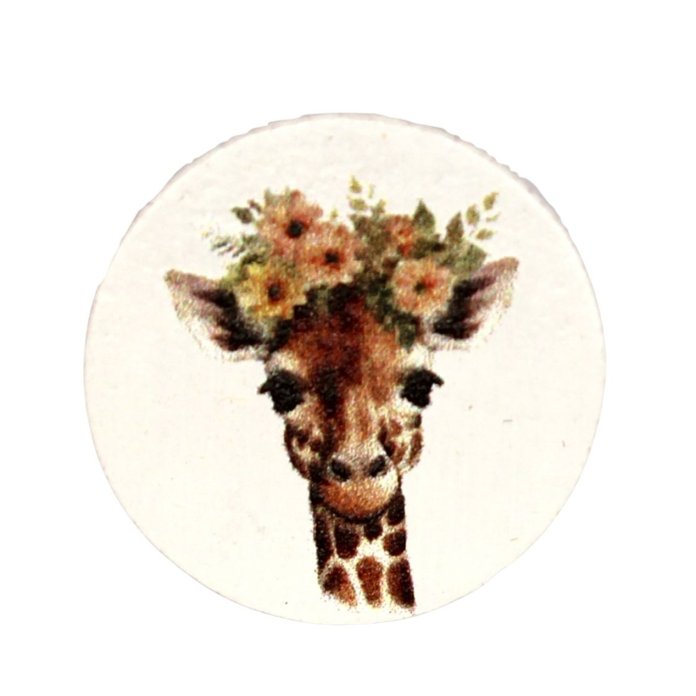 Holz Motivscheibe 20mm | Giraffe mit Blüten | Weiß
