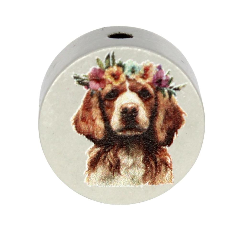 Holz Motivscheibe 20mm | Brauner Hund mit Kranz | Hell Grau