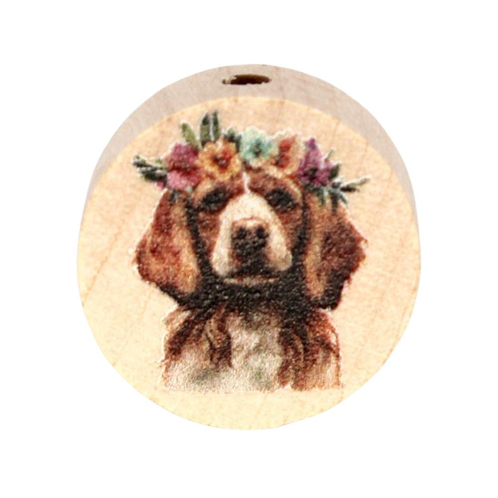 Holz Motivscheibe 20mm | Brauner Hund mit Kranz | Natur