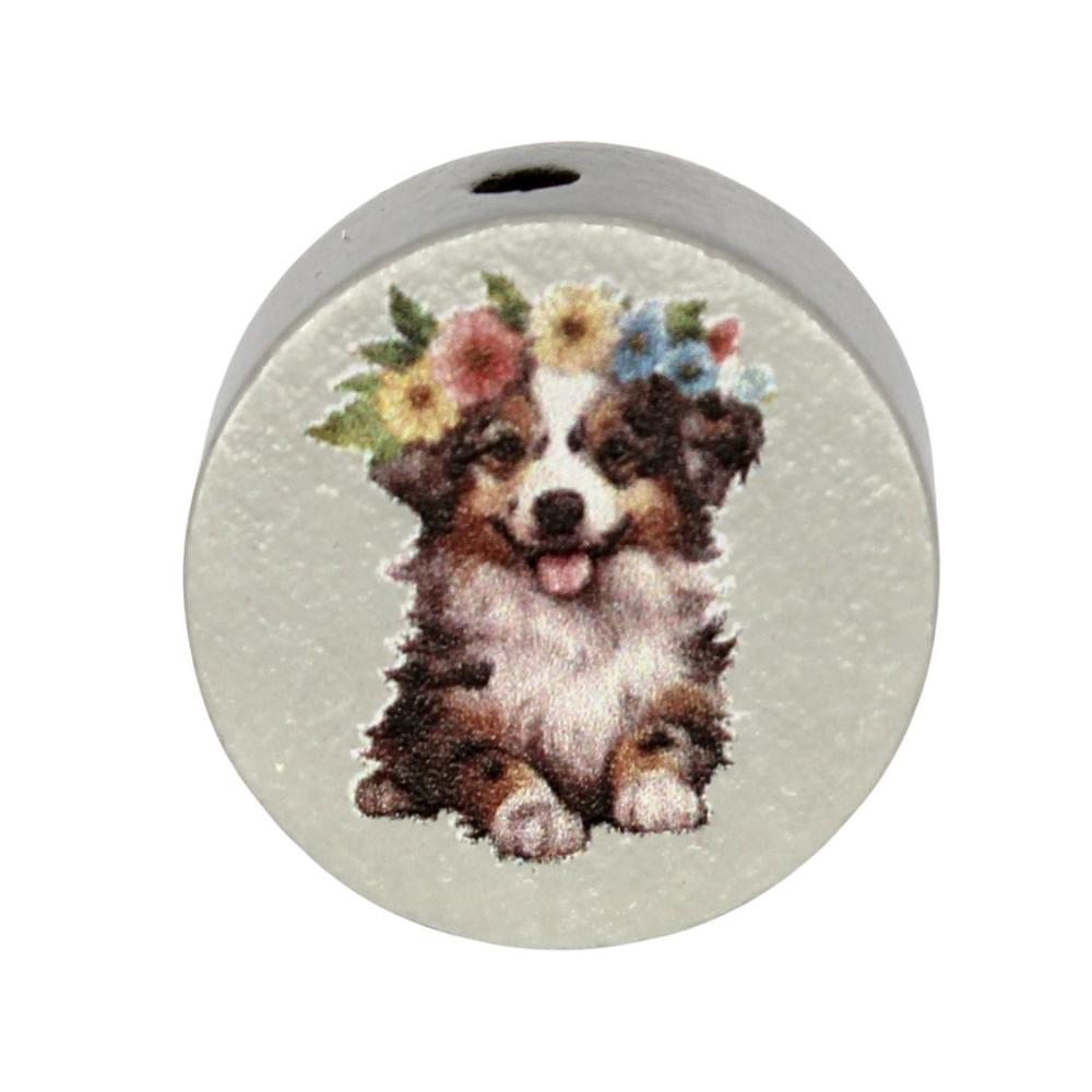 Holz Motivscheibe 20mm | Flauschiger Hund mit Kranz | Hell Grau