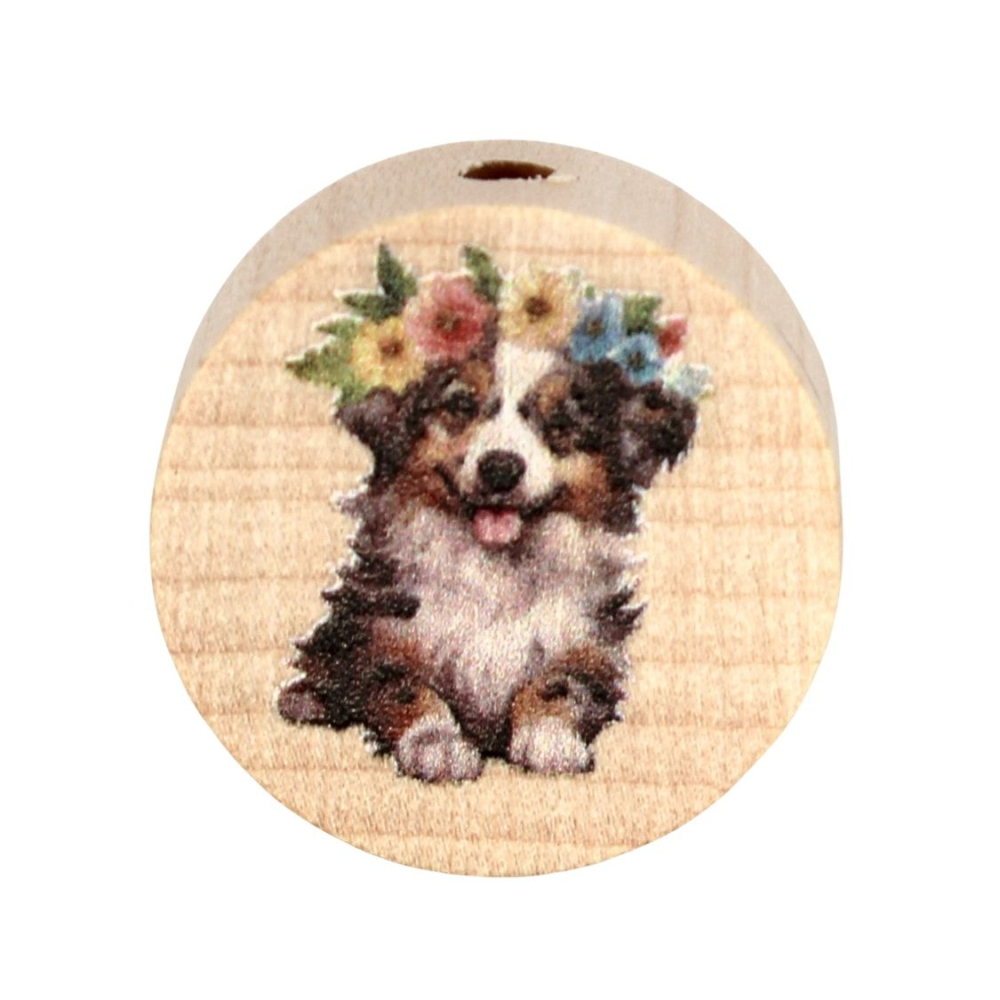 Holz Motivscheibe 20mm | Flauschiger Hund mit Kranz | Natur