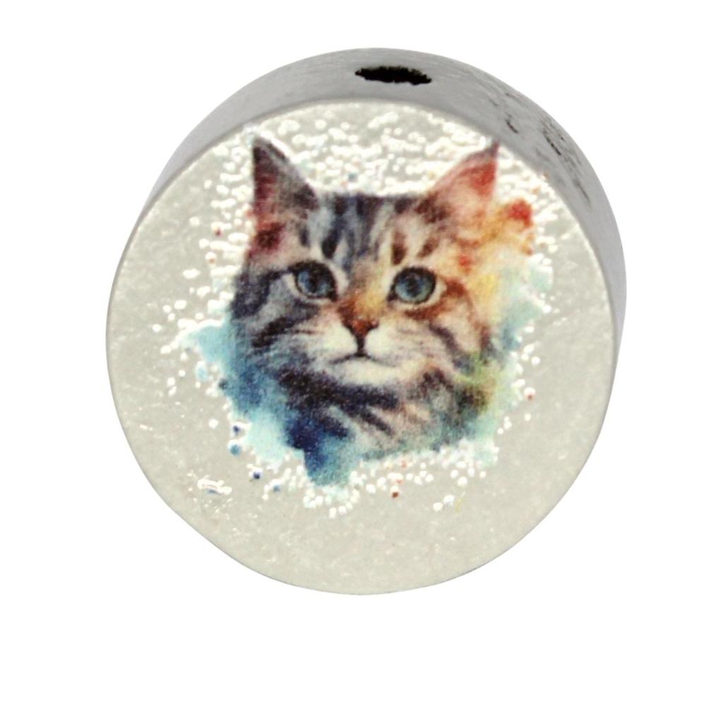 Holz Motivscheibe 20mm | Bunte Katze | Hell Grau