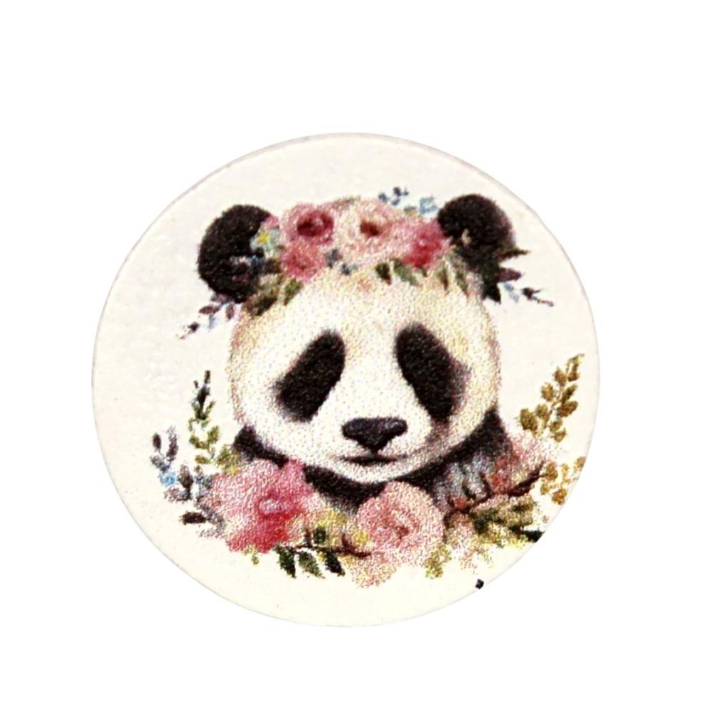 Holz Motivscheibe 20mm | Panda mit Blumenkranz | Weiß