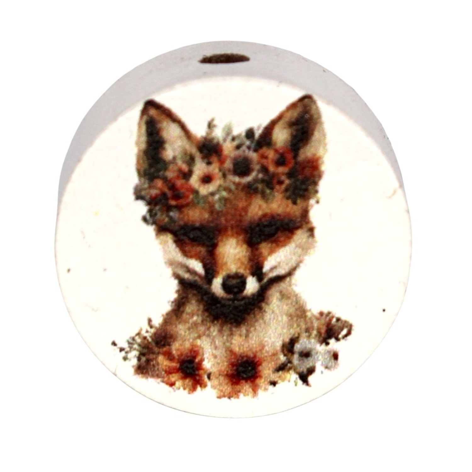 Holz Motivscheibe 20mm | Fuchs mit Blütenkranz | Weiß