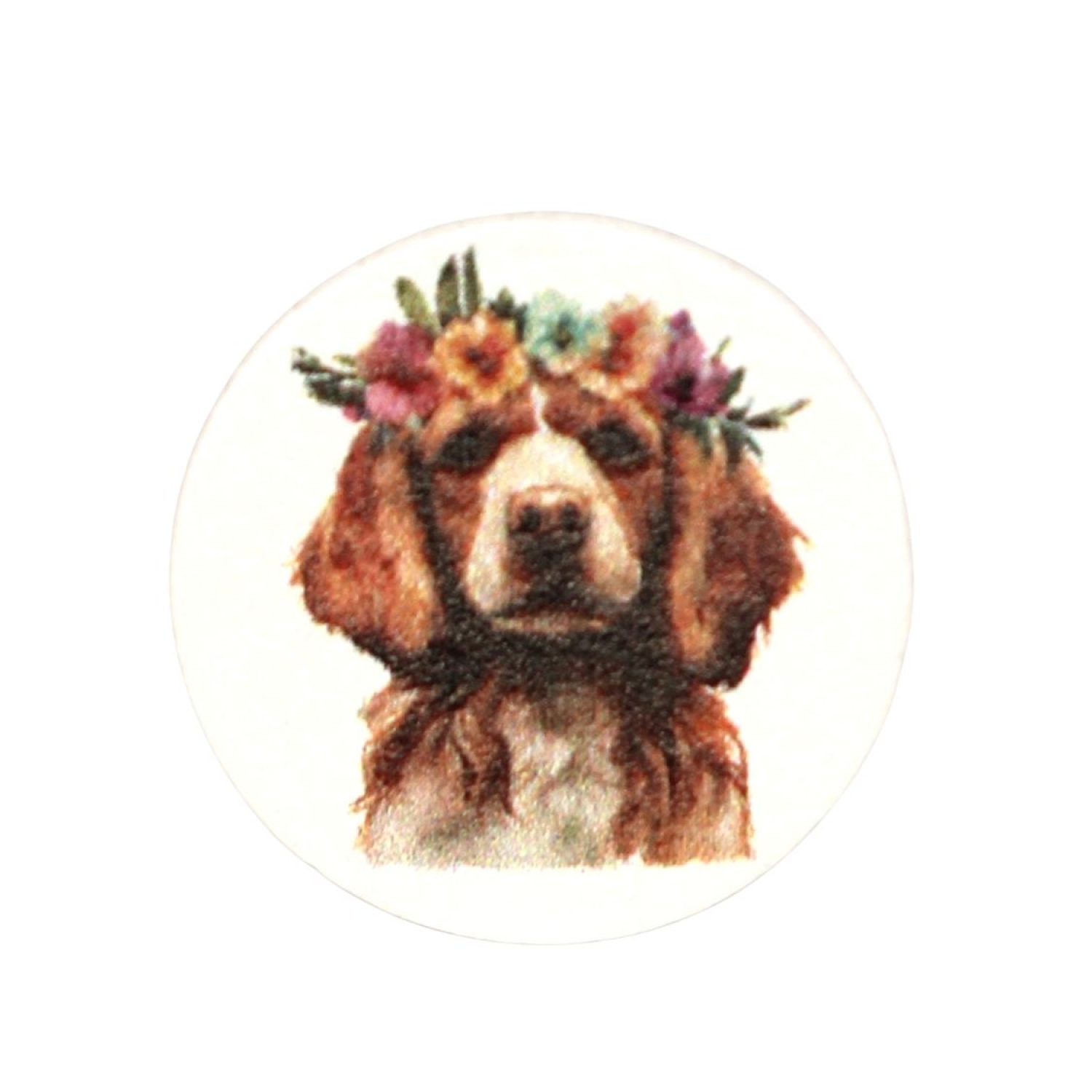 Holz Motivscheibe 20mm | Brauner Hund mit Kranz | Weiß