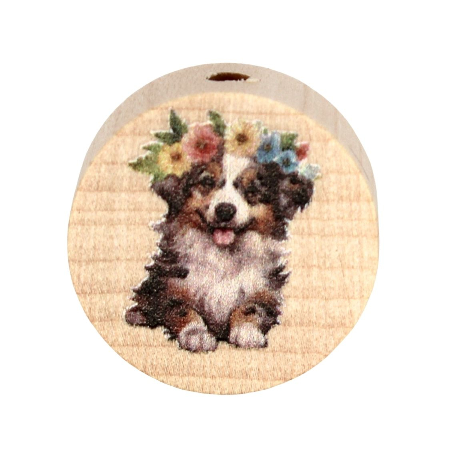 Holz Motivscheibe 20mm | Flauschiger Hund mit Kranz | Natur