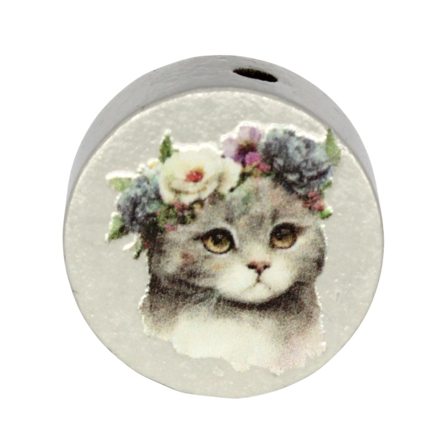 Holz Motivscheibe 20mm | Katze mit Blumenkranz | Grau