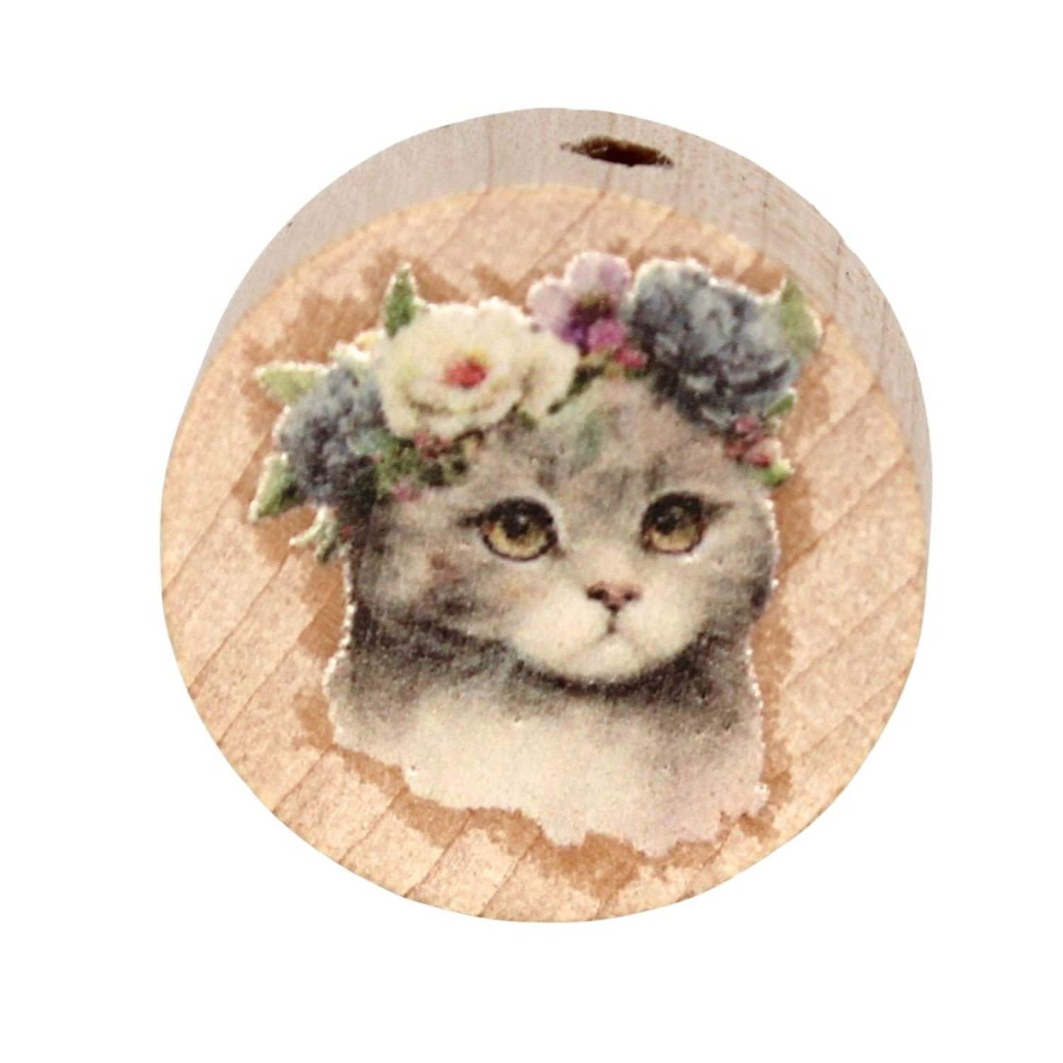 Holz Motivscheibe 20mm | Katze mit Blumenkranz | Natur
