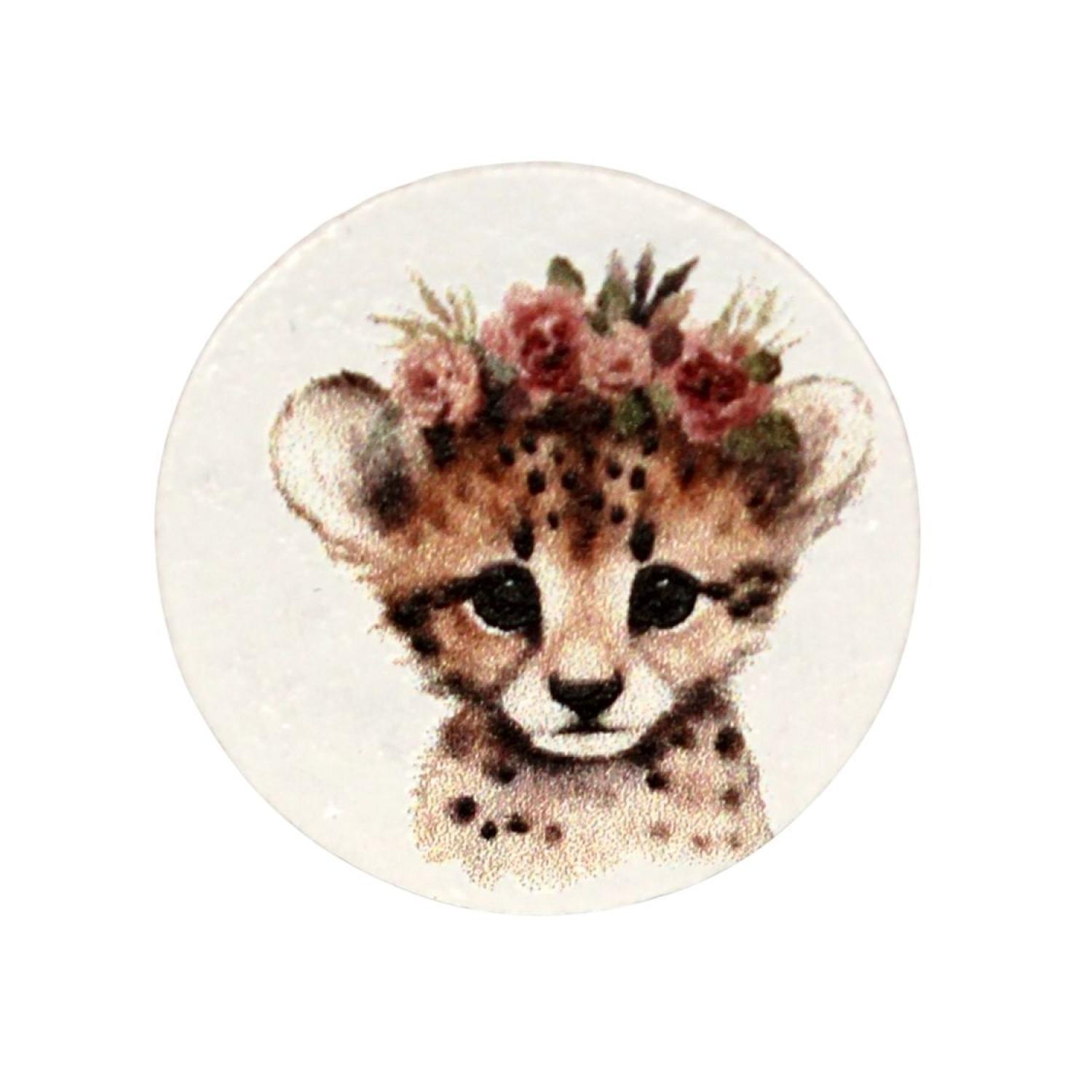 Holz Motivscheibe 20mm Kleiner Leopard mit Blüten | Weiß
