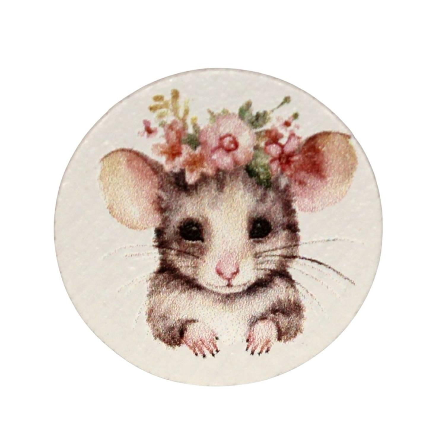 Holz Motivscheibe 20mm | Maus mit Blumenkranz | Weiß