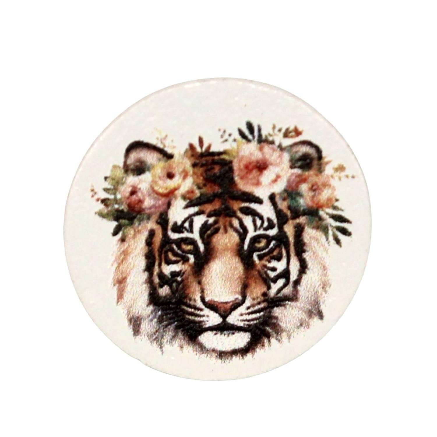 Holz Motivscheibe 20mm Tiger mit Blumen | Weiß