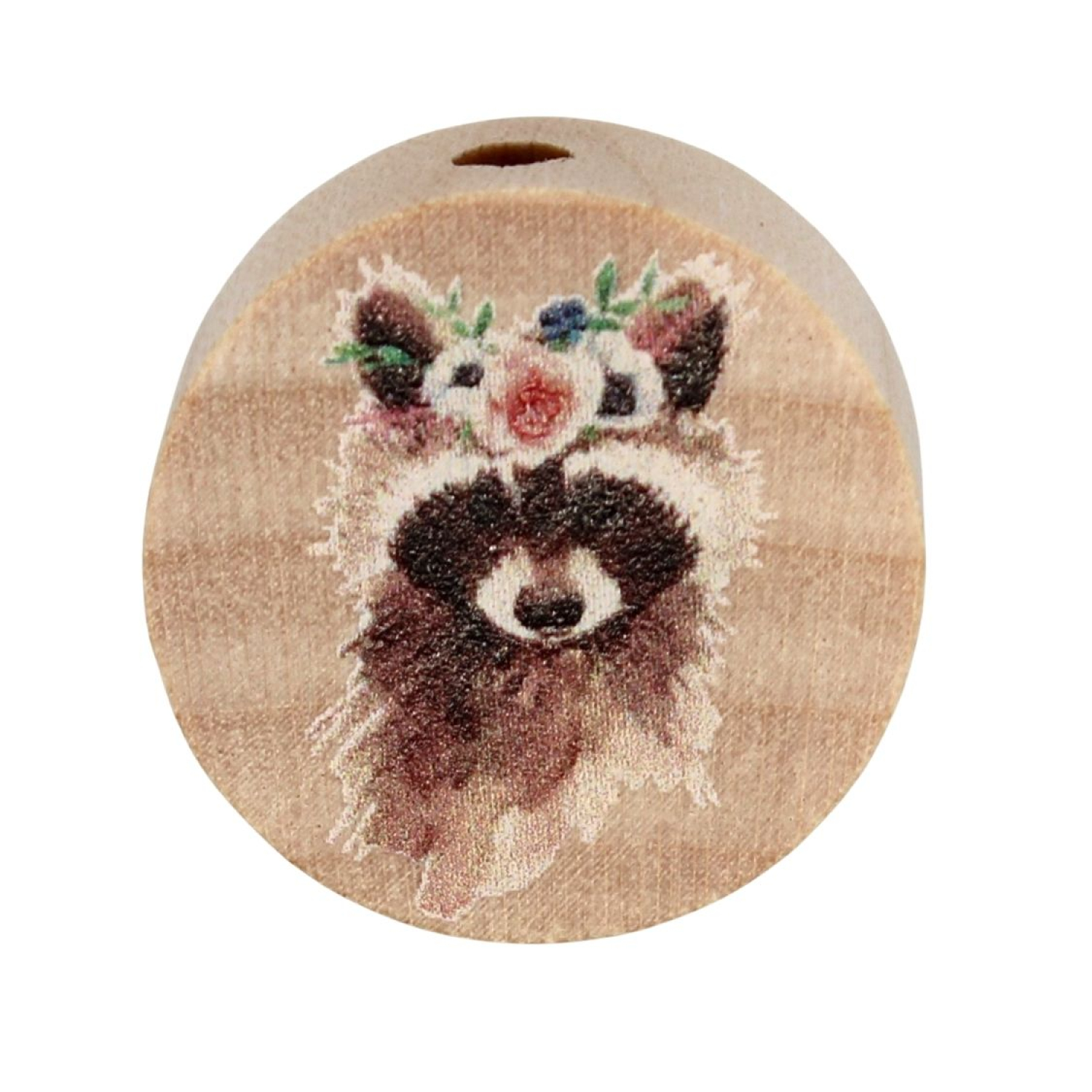 Holz Motivscheibe 20mm | Waschbär mit Blumen | Natur