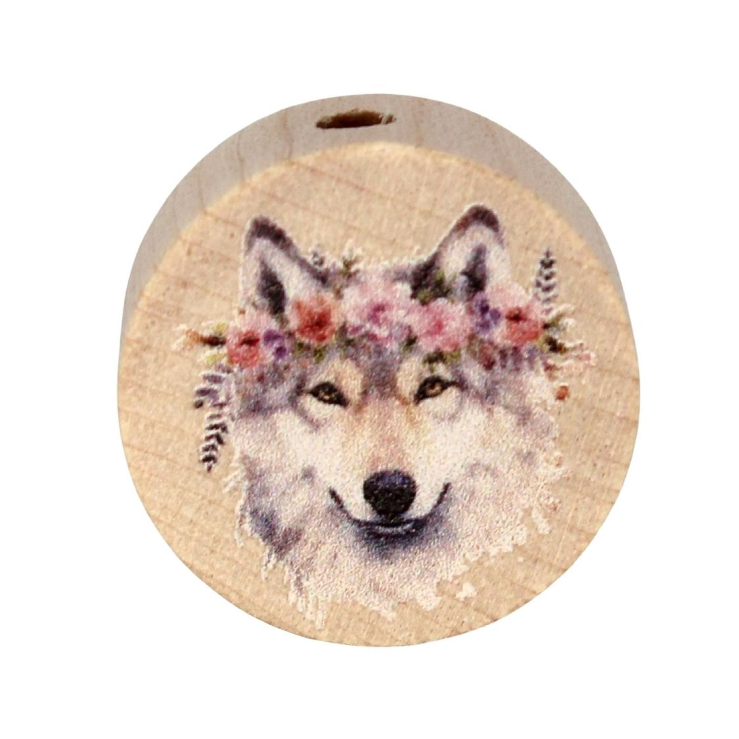 Holz Motivscheibe 20mm | Wolf mit rosa Blüten | Natur