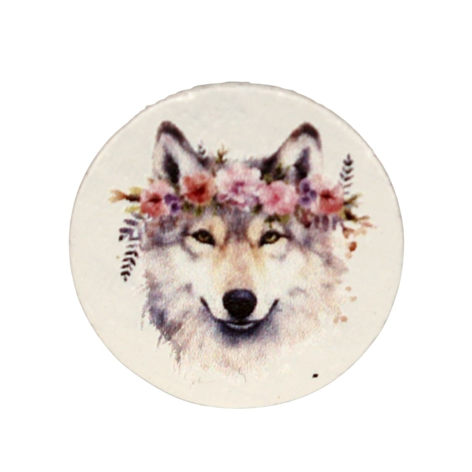 Holz Motivscheibe 20mm | Wolf mit rosa Blüten | Weiß